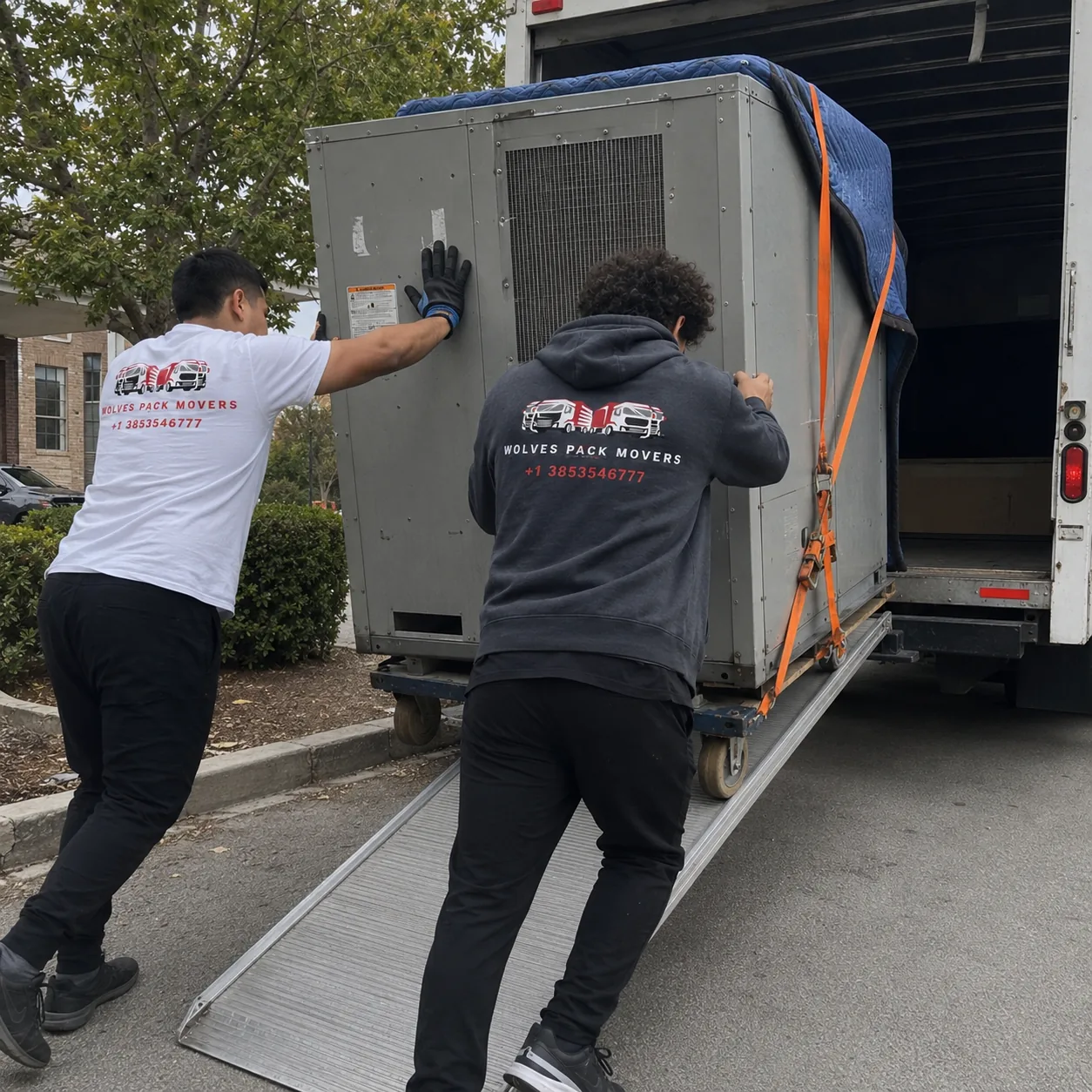 HVAC unit movers in Utah loading an AC unit onto a moving truck