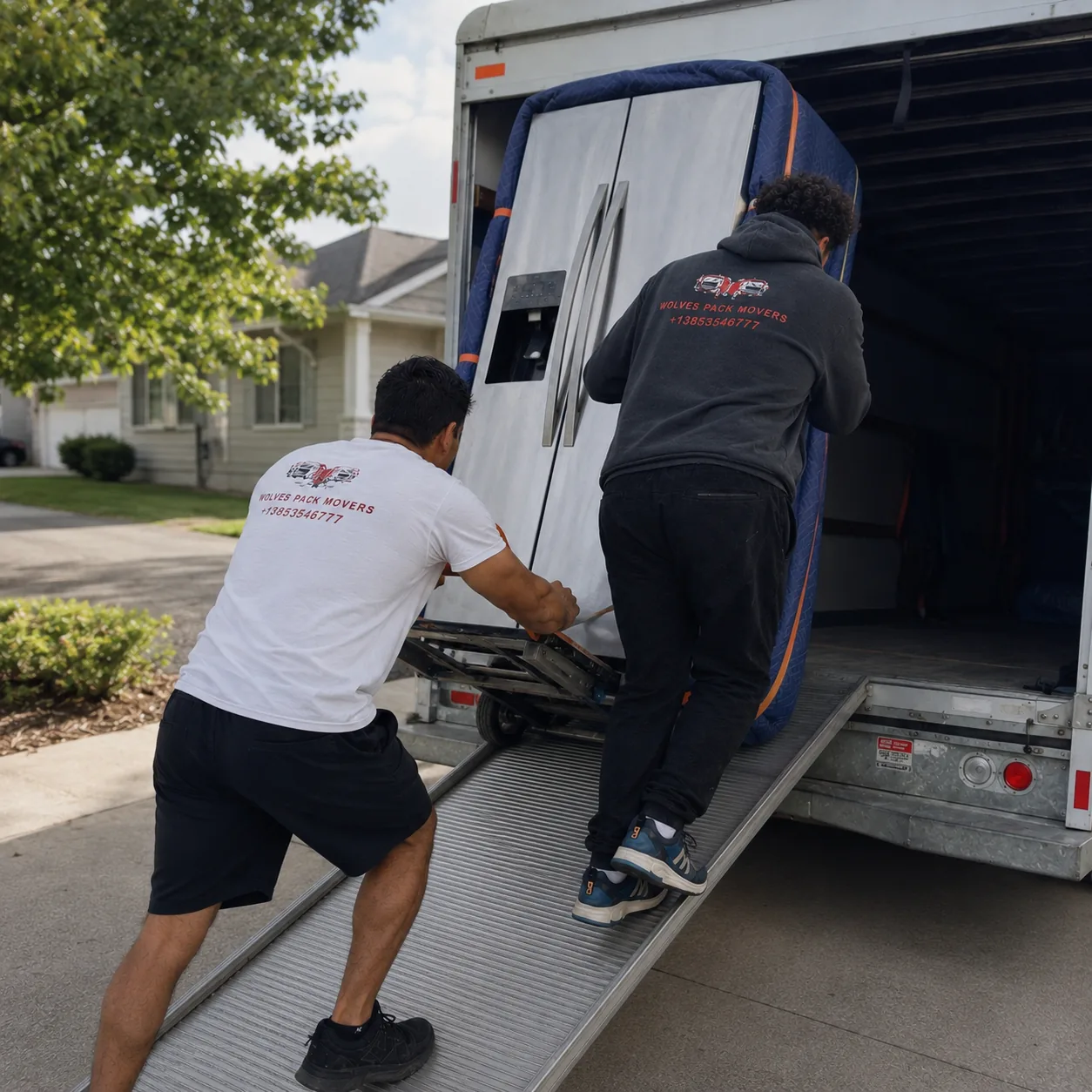 Refrigerator movers in Utah loading a fridge onto a truck ramp