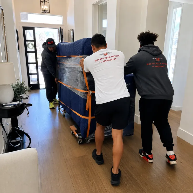 Piano movers Utah securing an upright piano on a skid board with straps