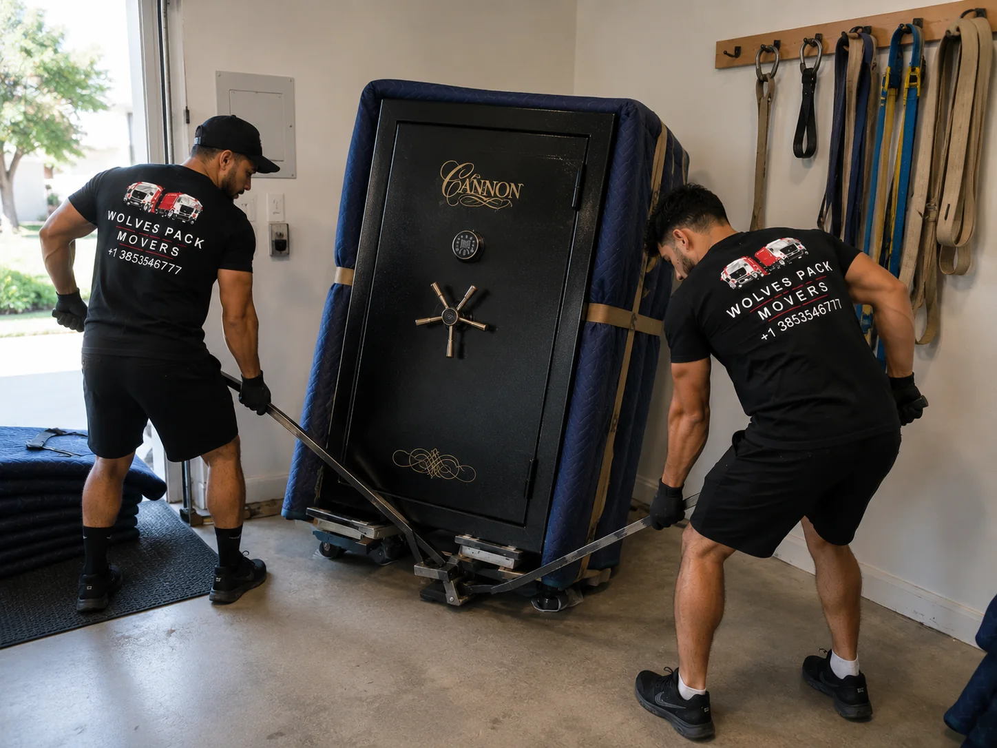 Professional crew wrapping and securing a safe