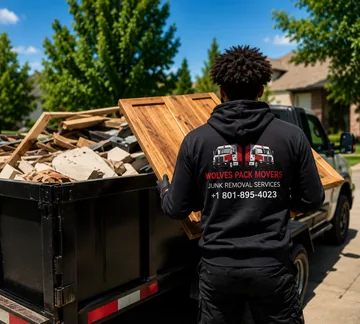 Residential junk removal with a loaded dumpster trailer in Utah