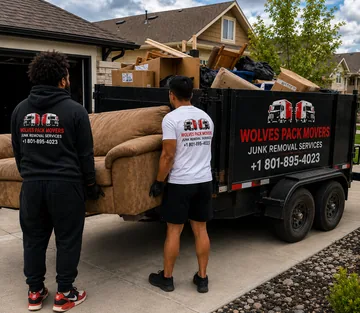 Junk removal near me in Salt Lake City, Utah — crew loading a sofa into the trailer